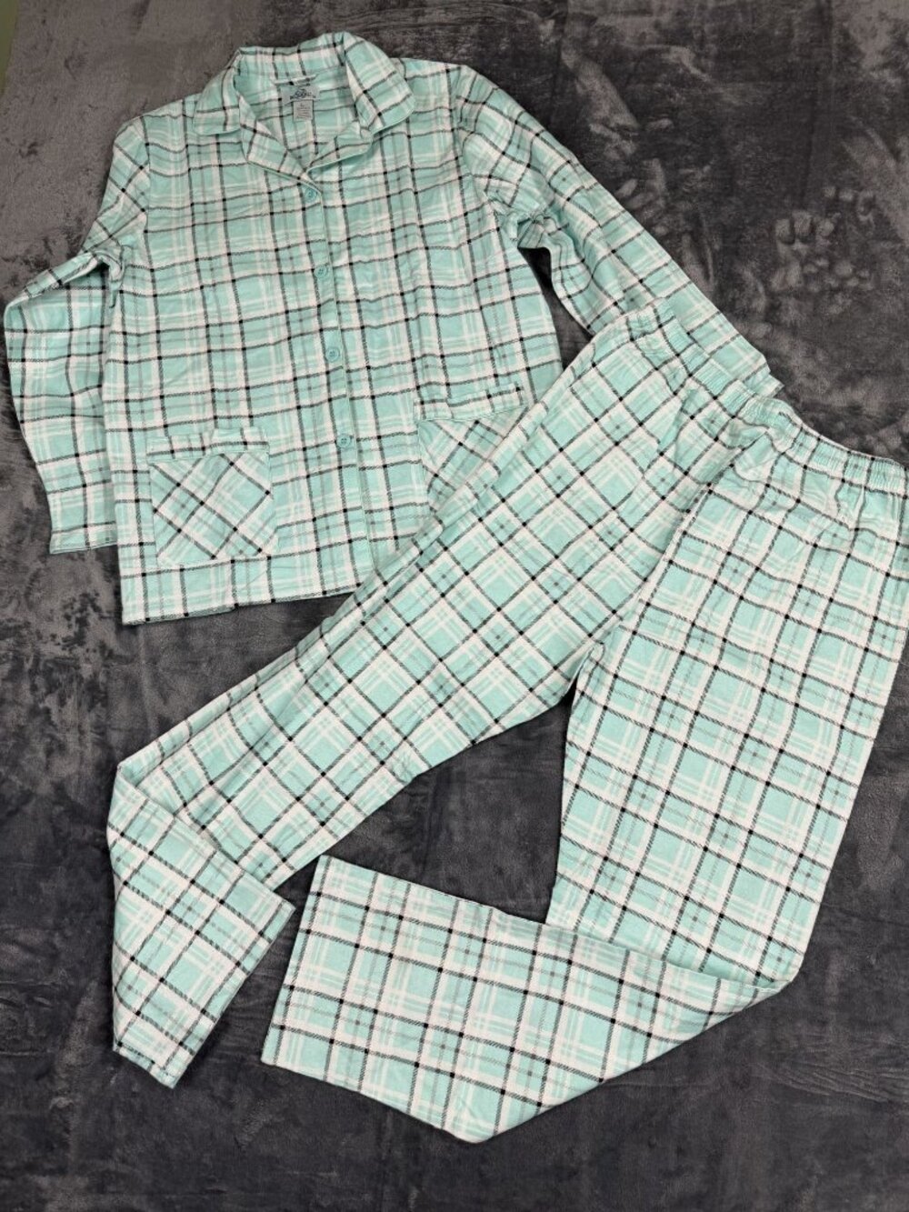 Global Womens Mint Plaid Cotton Pajama Set L Button-Up Top & Elastic Waist Pants
